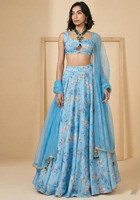 Light Blue Floral Print Silk Blend Lehenga Set