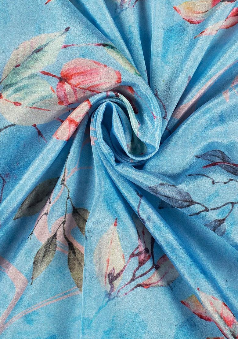 Light Blue Floral Print Silk Blend Lehenga Set - Indya