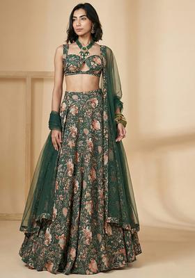 Dark Green Floral Print Silk Blend Lehenga Set