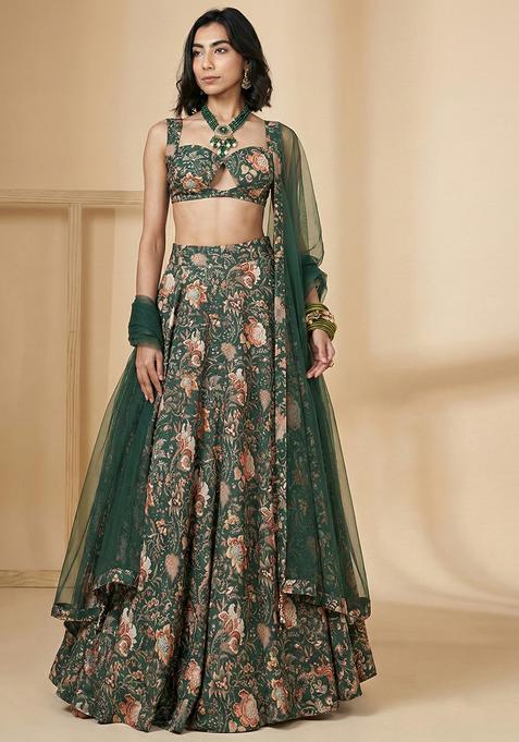 Dark Green Floral Print Silk Blend Lehenga Set