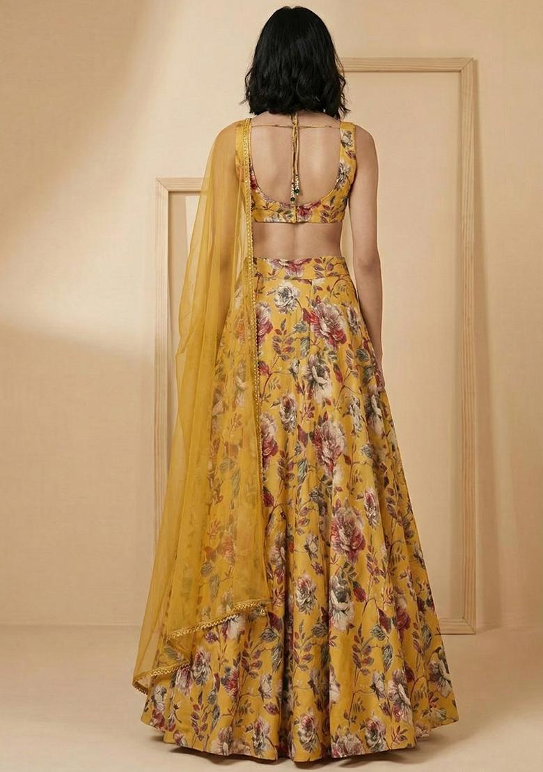 Mustard Floral Print Silk Blend Lehenga Set - Indya