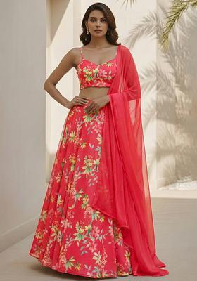 Coral Pink Floral Print Georgette Lehenga Set