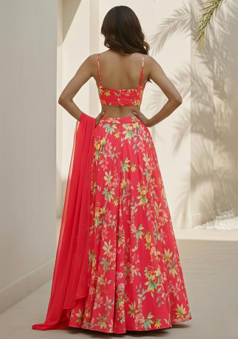 Coral Pink Floral Print Georgette Lehenga Set - Indya