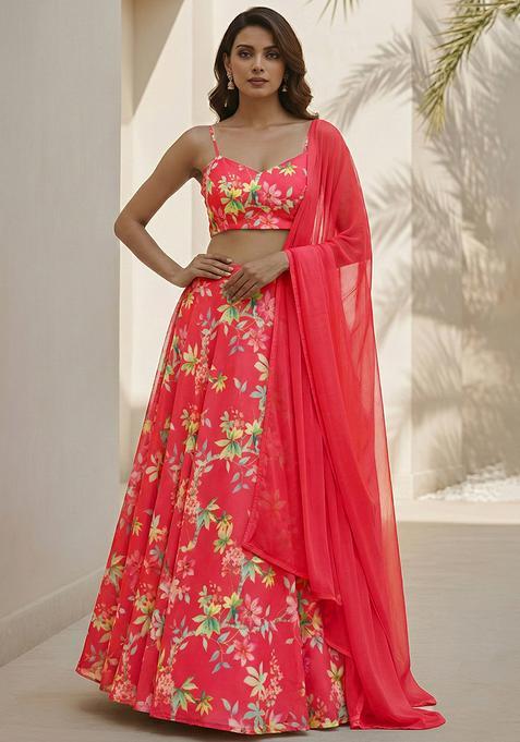 Coral Pink Floral Print Georgette Lehenga Set