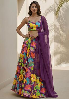 Purple Floral Print Georgette Lehenga Set
