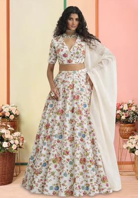 Multicolor Embroidered Crepe Lehenga Set