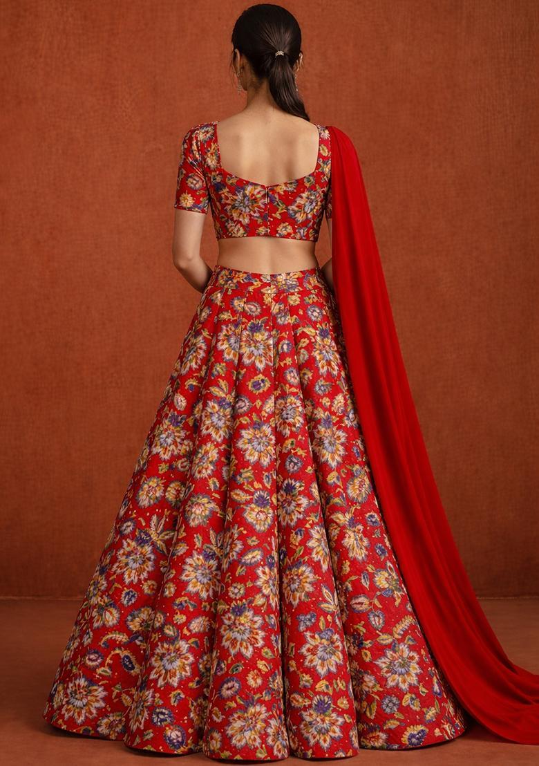 Deep Red Embroidered Crepe Lehenga Set - Indya