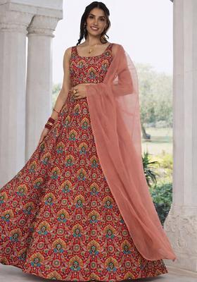 Red Embroidered Crepe Lehenga Set