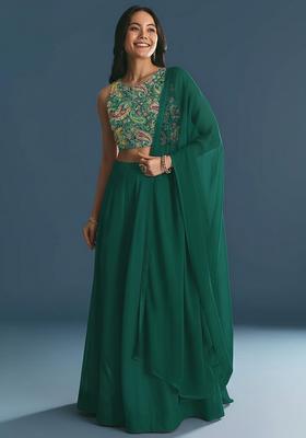 Bottle Green Embroidered Crepe Lehenga Set