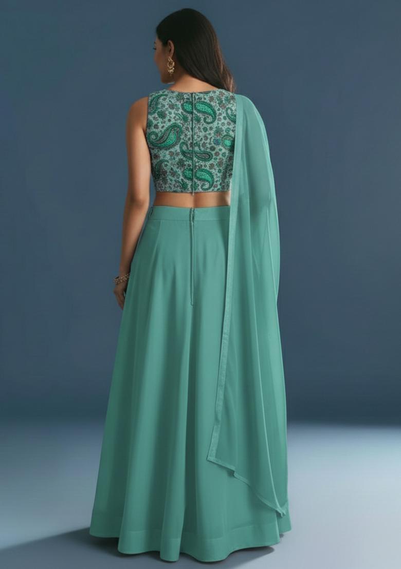 Teal Green Embroidered Crepe Lehenga Set - Indya