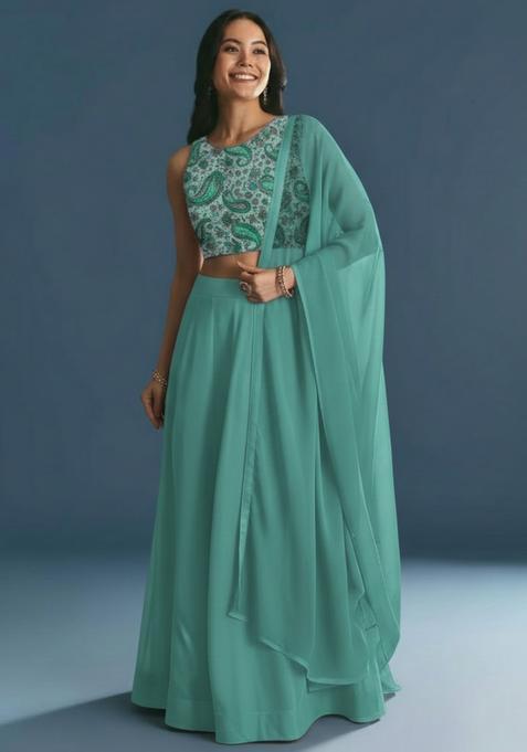 Teal Green Embroidered Crepe Lehenga Set