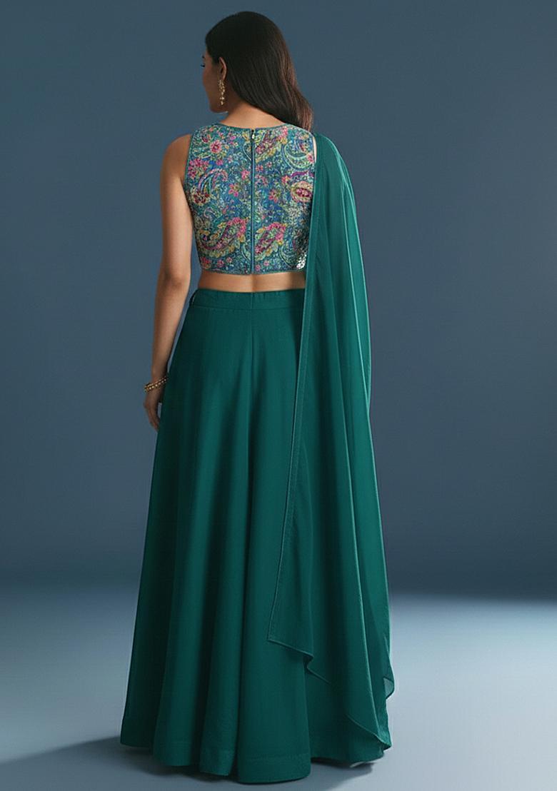 Bottle Green Embroidered Crepe Lehenga Set - Indya