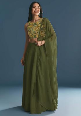 Olive Green Embroidered Crepe Lehenga Set