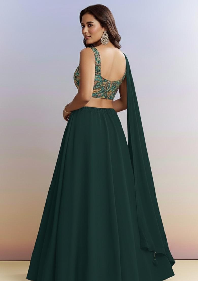 Bottle Green Embroidered Crepe Lehenga Set - Indya