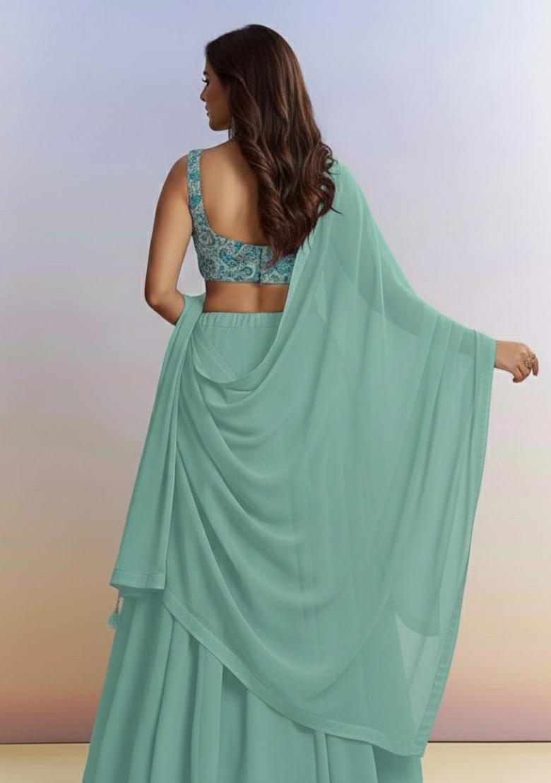 Aqua Blue Embroidered Crepe Lehenga Set - Indya
