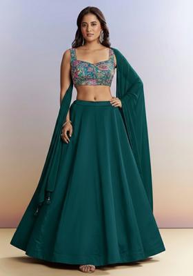 Teal Green Embroidered Crepe Lehenga Set