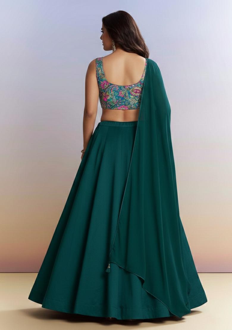 Teal Green Embroidered Crepe Lehenga Set - Indya