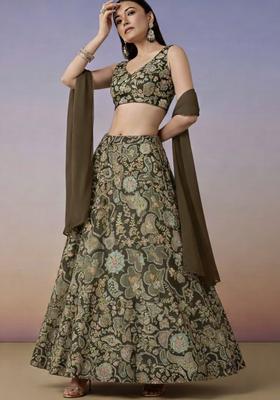 Brown Embroidered Crepe Lehenga Set