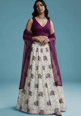 Deep Purple Embroidered Tissue Lehenga Set
