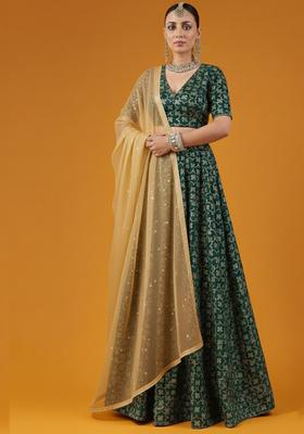 Dark Green Silk Blend Lehenga Set