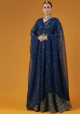 Navy Blue Silk Blend Lehenga Set