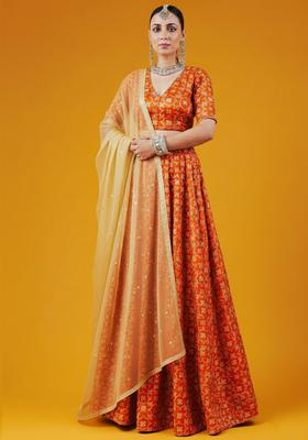 Orange Silk Blend Lehenga Set