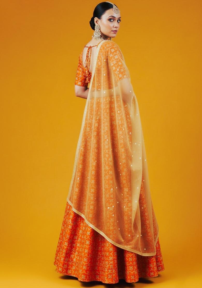 Orange Silk Blend Lehenga Set - Indya