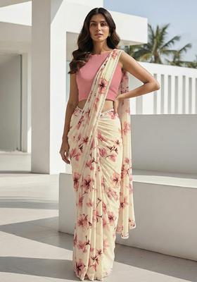 Soft Pink Floral Print Georgette Pre Draped Saree Set