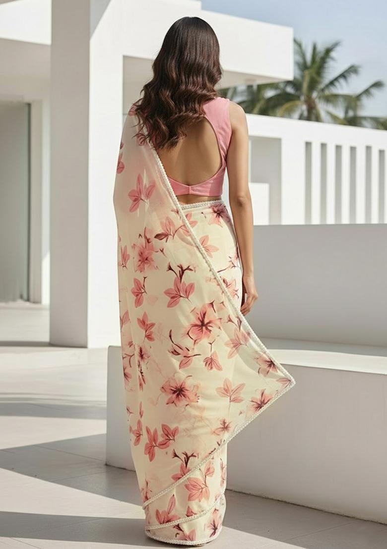 Soft Pink Floral Print Georgette Pre Draped Saree Set - Indya