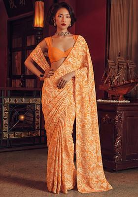Orange Floral Print Chinon Pre Draped Saree Set