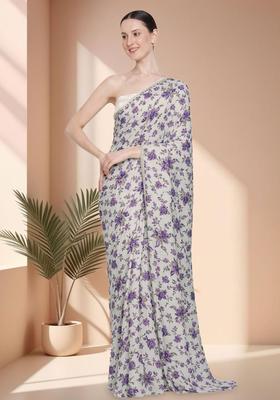 Lavender Floral Print Crepe Pre Draped Saree Set