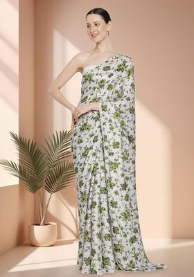 Leaf Green Floral Print Crepe Pre Draped Saree Set