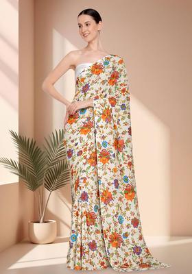 Multicolor Embroidered Crepe Pre Draped Saree Set