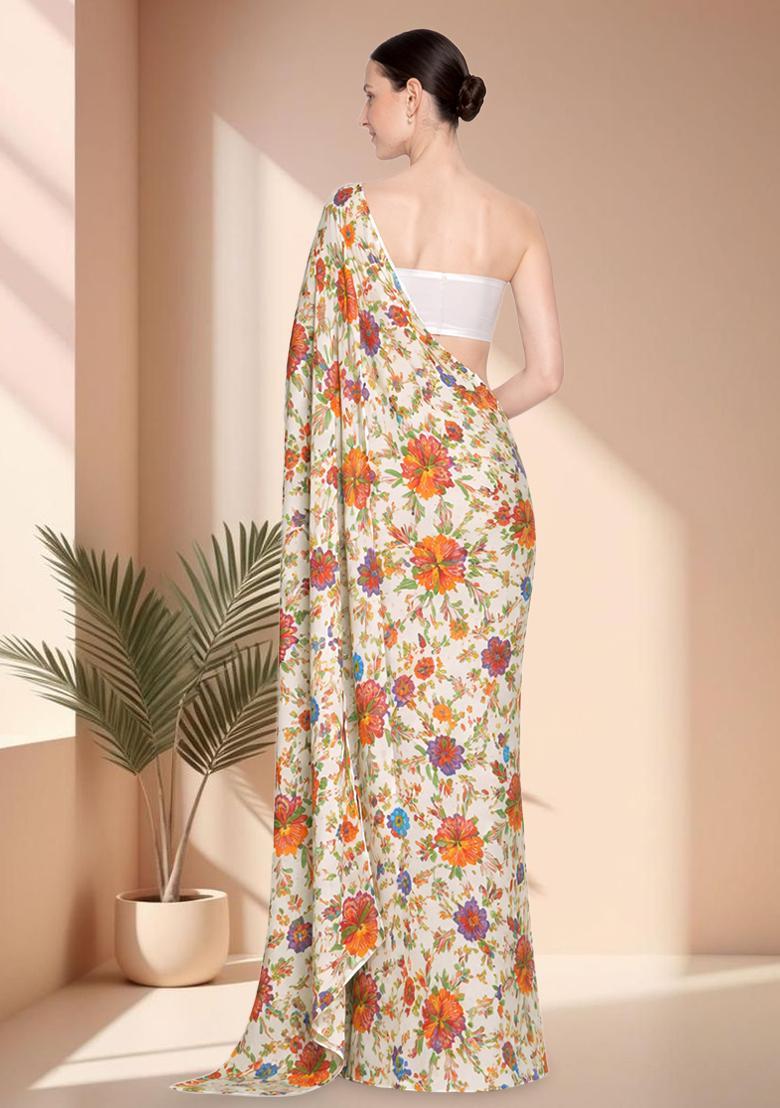 Multicolor Embroidered Crepe Pre Draped Saree Set - Indya