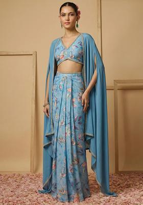 Blue Floral Print Silk Blend Fusion Set