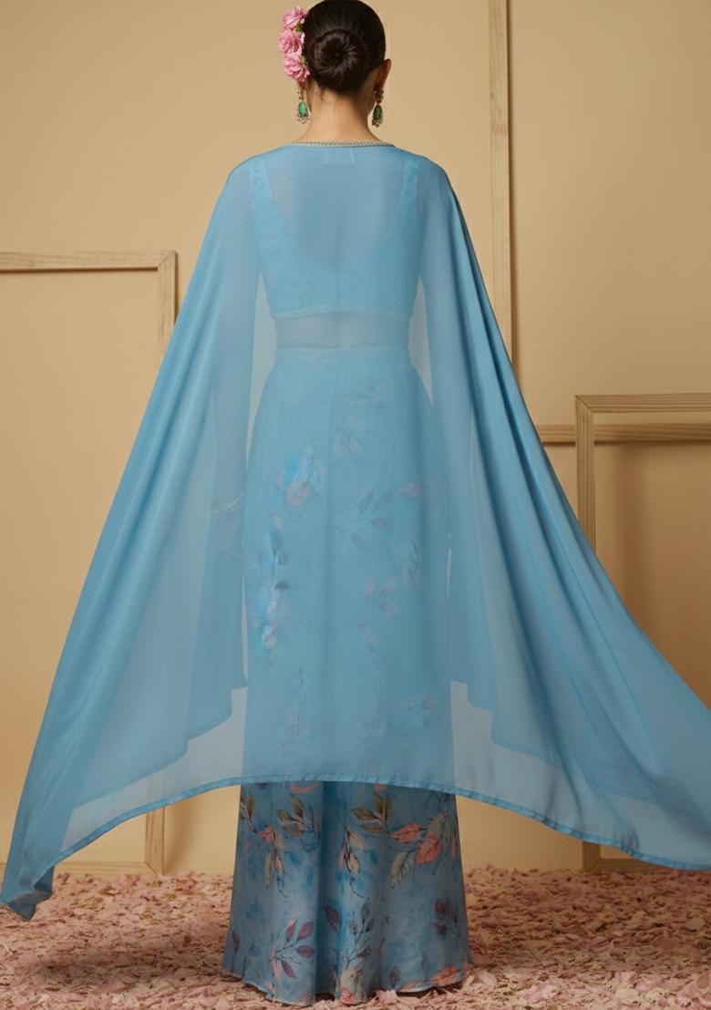 Blue Floral Print Silk Blend Fusion Set - Indya