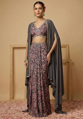 Charcoal Grey Floral Print Silk Blend Fusion Set