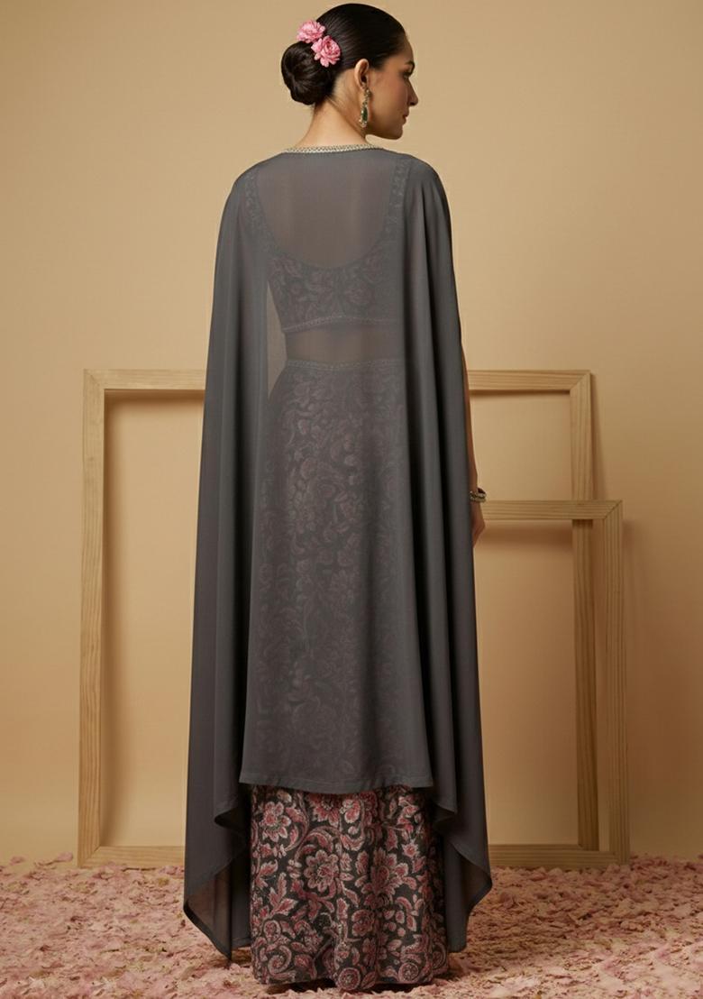 Charcoal Grey Floral Print Silk Blend Fusion Set - Indya