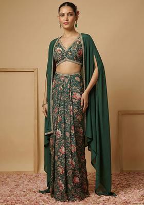 Deep Green Floral Print Silk Blend Fusion Set