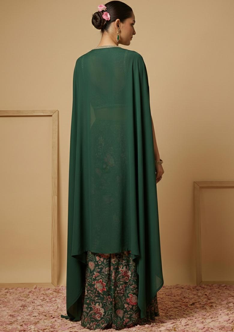 Deep Green Floral Print Silk Blend Fusion Set - Indya