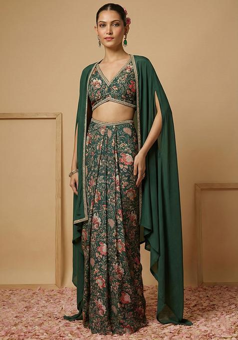Deep Green Floral Print Silk Blend Fusion Set