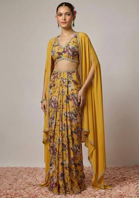 Yellow Floral Print Silk Blend Fusion Set