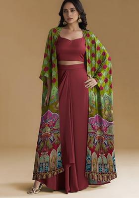 Red Figure Print Crepe Fusion Set