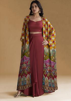 Red Figure Print Crepe Fusion Set