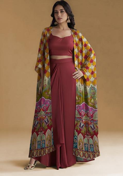 Red Figure Print Crepe Fusion Set