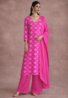 Pink Printed Satin Straight Kurta Set
