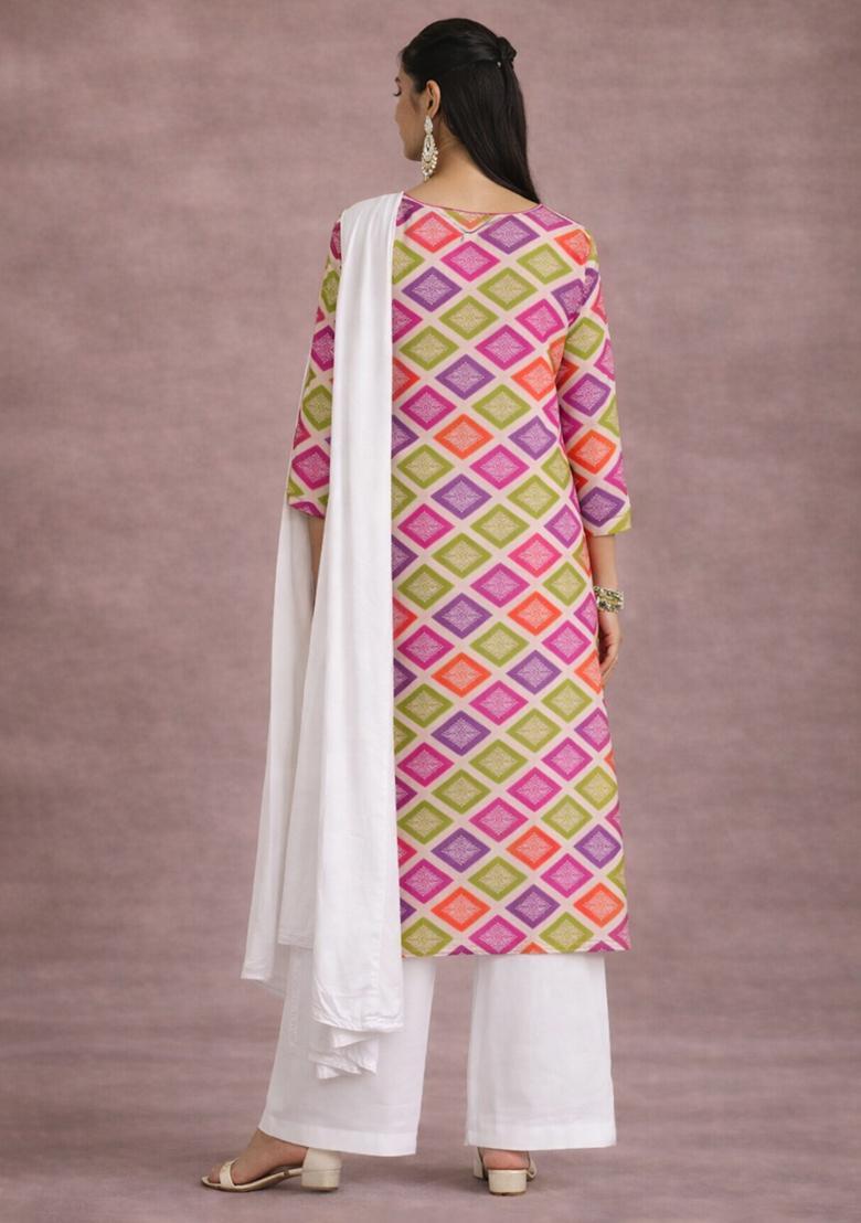 Multicolor Printed Satin Straight Kurta Set - Indya