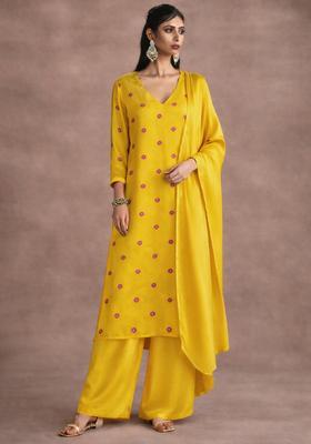 Yellow Embroidered Satin Straight Kurta Set