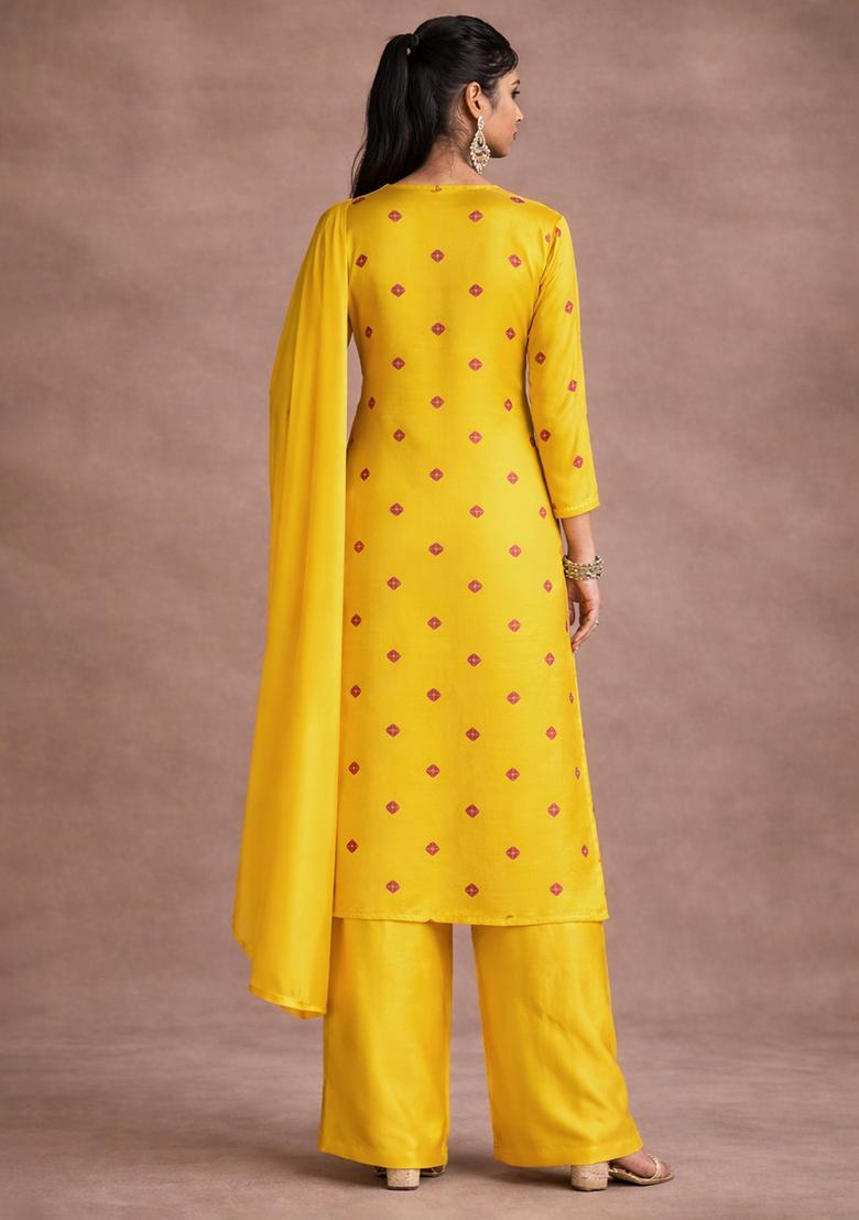 Yellow Embroidered Satin Straight Kurta Set - Indya