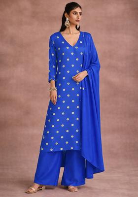 Royal Blue Embroidered Satin Straight Kurta Set